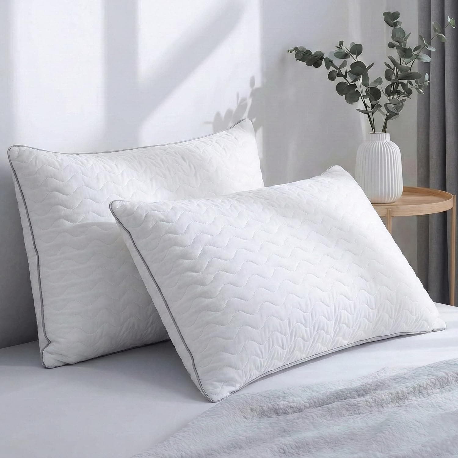 AYKA Ultimate Quilted Bed Pillow Set of 2 | 100% Virgin Microfiber Filling for Neck & Shoulder Support | 17x27” Breathable Hotel Quality Pillows | Never Flat, Anti-Bacterial | Supersoft
