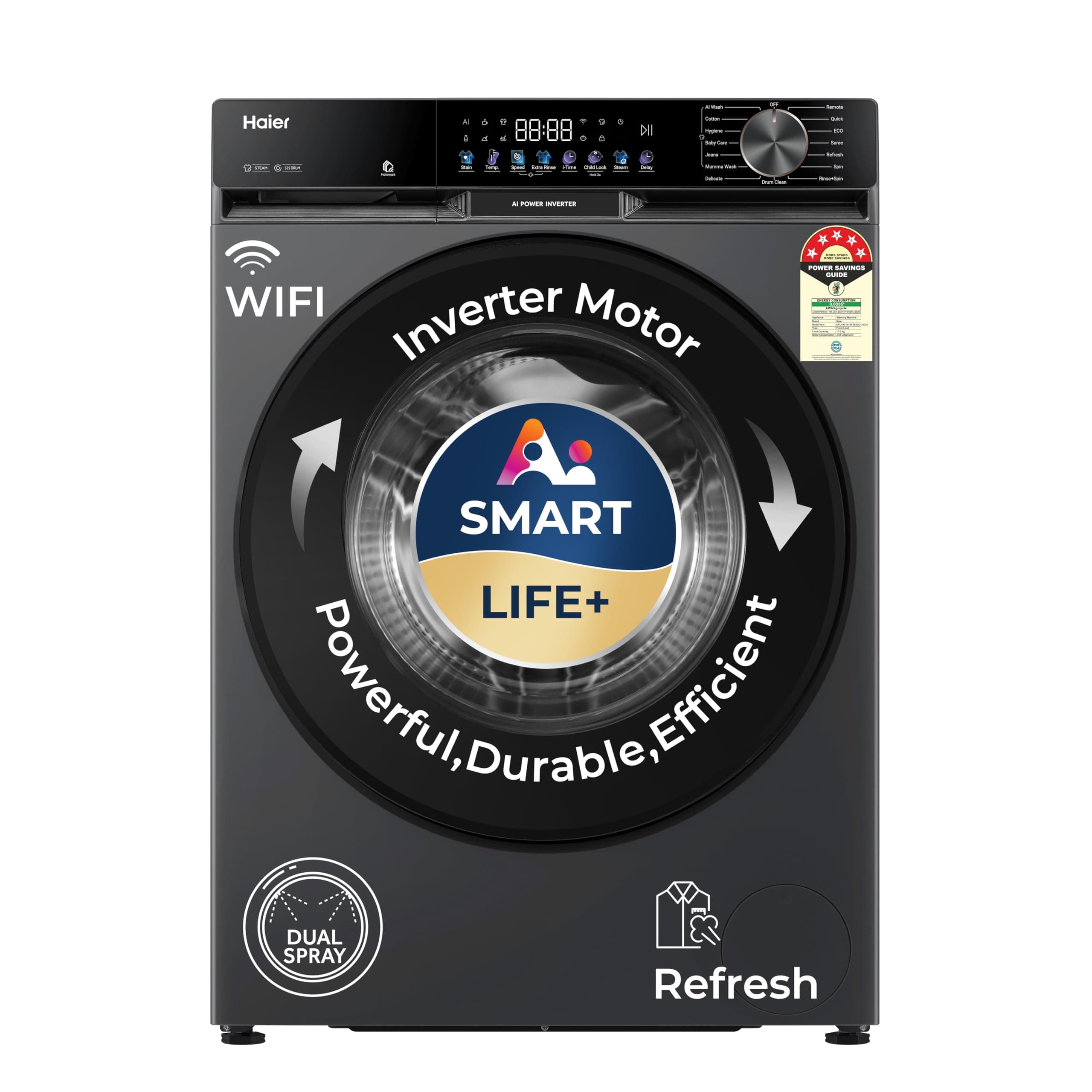 Haier 10Kg,5 Star,AI Smart LIFE+,Vibrant Touch Panel, 525 mm Super Drum, Refresh,WiFi enabled,Fully Automatic Front Load Washer(EFL100-IM14F5ES8U1 | Dark Jade Silver)
