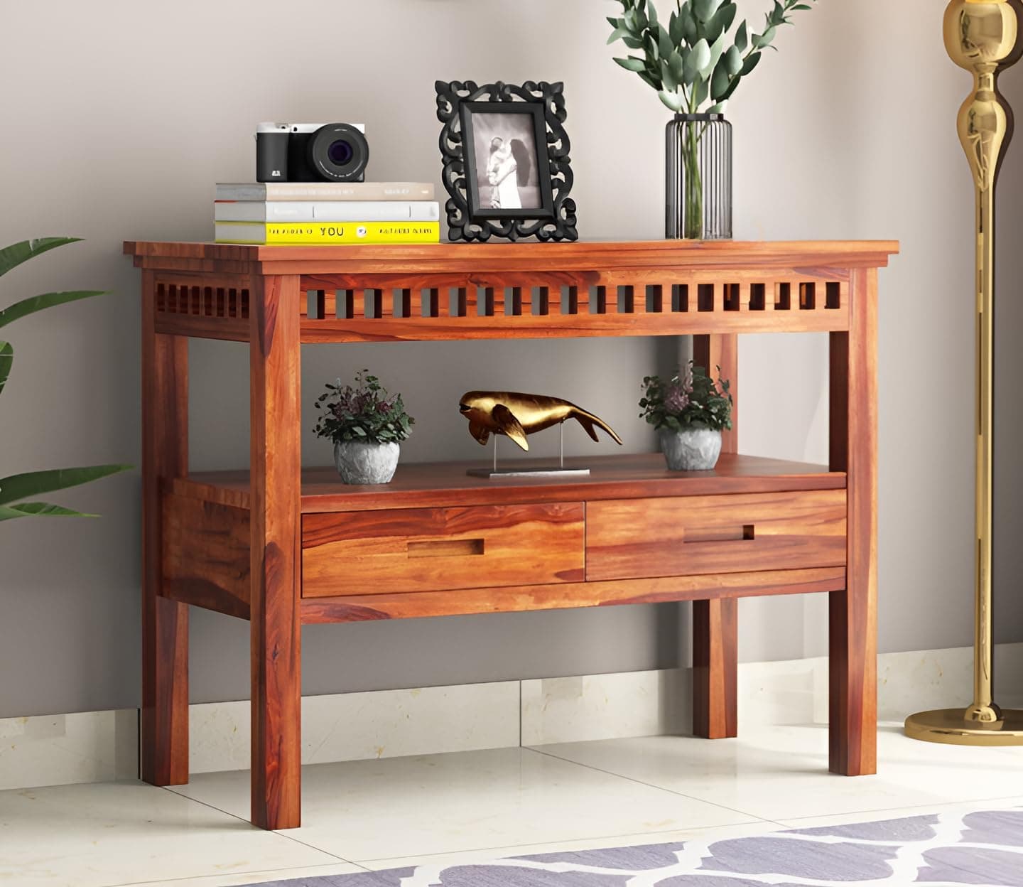 Vivek Wood Sheesham Wood Console Table for Living Room | Solid Wood Entryway Hallway Sofa & Fish Tank Table with 2 Drawers & Shelf Storage | Rosewood Honey Finish