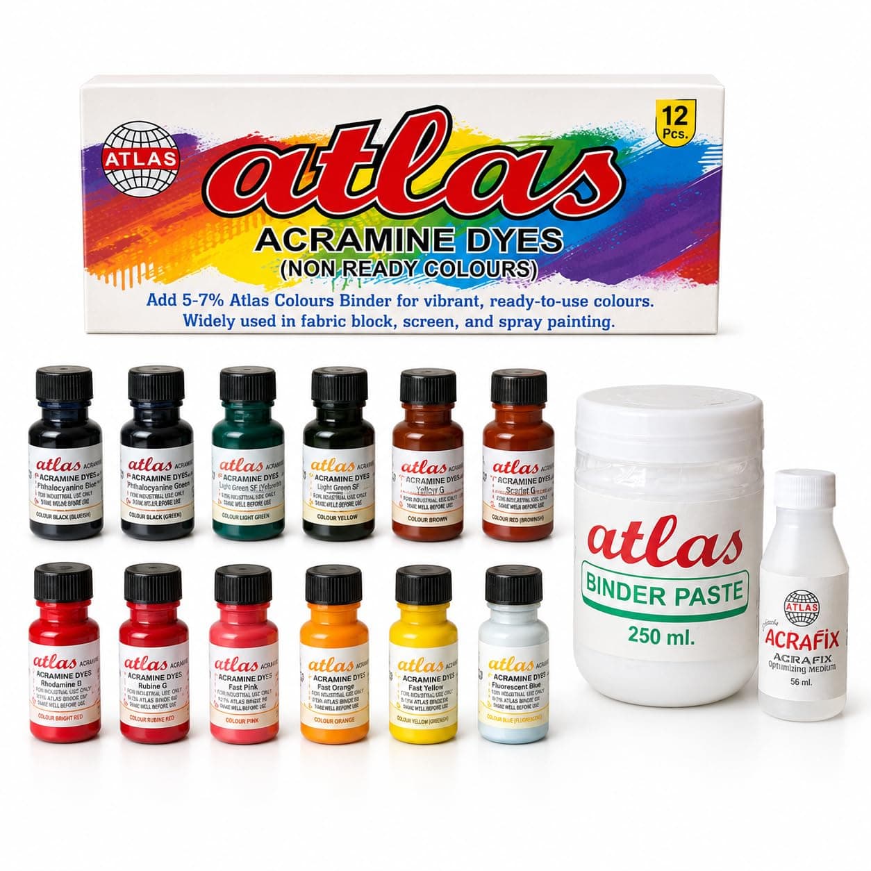 Atlas Acramine Dyes for Fabric Painting,12 Colours with Binder Paste,Fixer | Acramine Dye Colours for Fabric for Cotton, Khadi & Other Natural Clothes