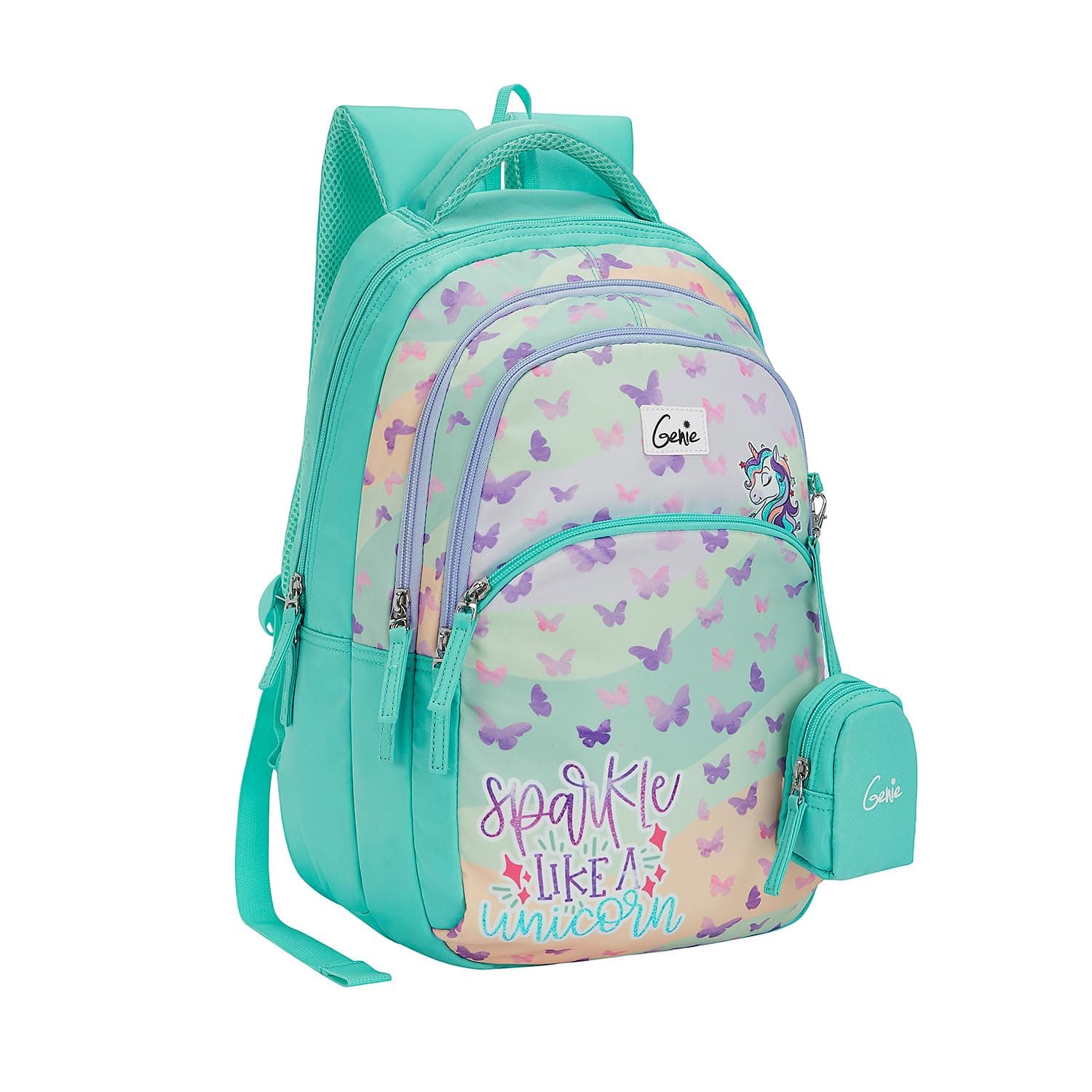Genie Pixie School Backpack for Girls |17 In-27 Ltr with Three Compartments, Side Pockets and Light Weight with Padded Shoulders |Best for Books,Stationery, Lunch Box & Essentials - Teal