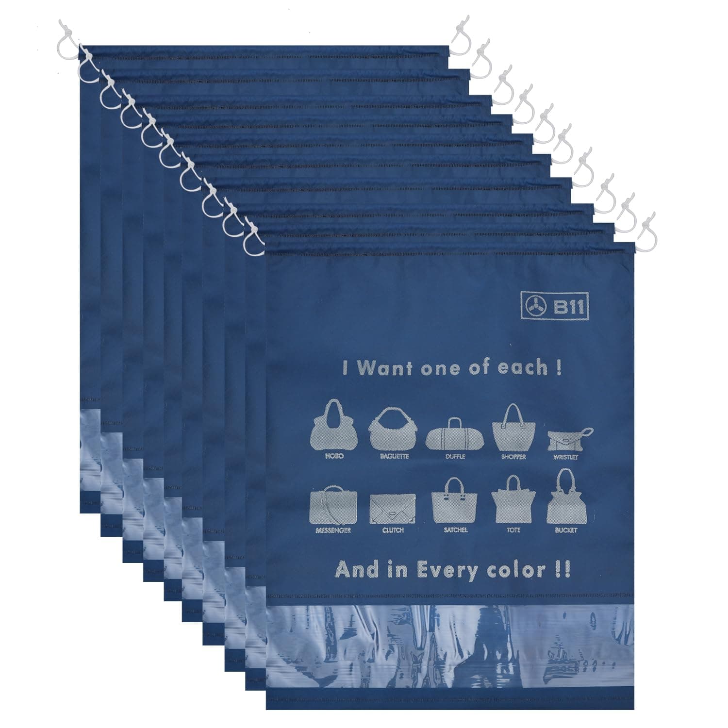 B11 Women Handbag Covers Storage Bag dust Cover Large Size (Set of 10 Pcs) 18X22 Inch, Navy Blue bags with Plastic Clear Window