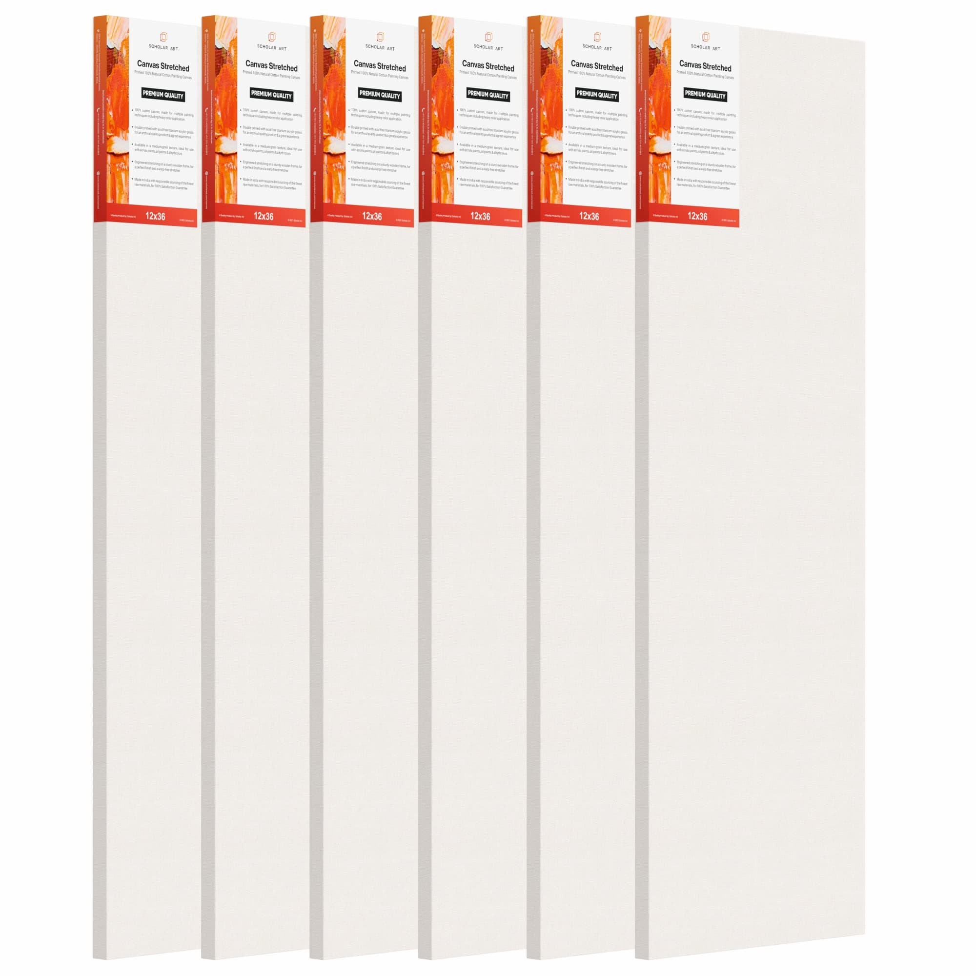 Scholar Art® Artist Standard Series 10 Oz (440 GSM) 100% Cotton Pre-Stretched Canvas with Wooden Frame 18x40 mm | Primed Canvas Stretched for Oil & Acrylic Painting | 12"x36" (30x90 cm), Pack of 6