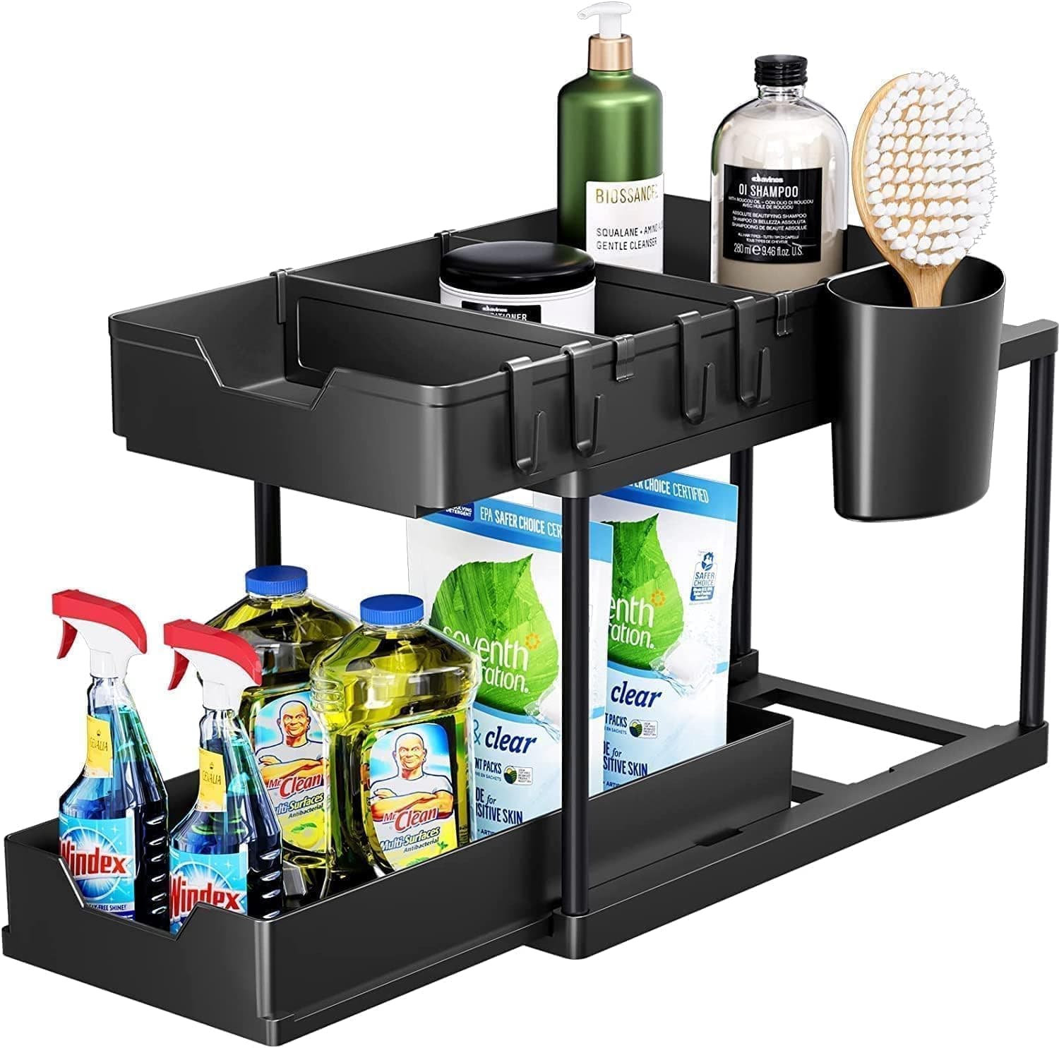 PESOMA Under Sink Organizer Rack Adjustable 2-Tier Shelf for Kitchen Cabinet, Expandable Storage Rack with Removable Panels,Professional for Kitchen Bathroom Carbon Stainless Steel (2-Tier, Grey)