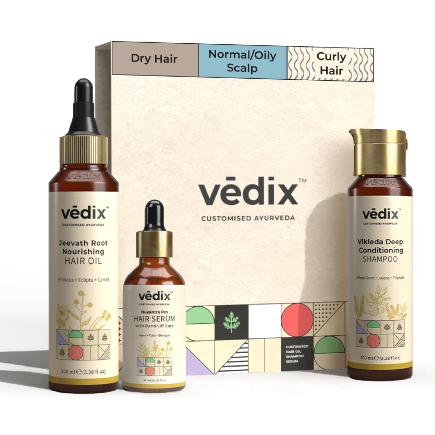 Vedix Ayurvedic Anti-Dandruff 3 Pc Kit | Normal/Oily Scalp & Curly Hair | Oil, Shampoo & Serum Kit | With Neem & Tulasi l Fights hair fall & dandruff | 100ml + 100ml + 40ml