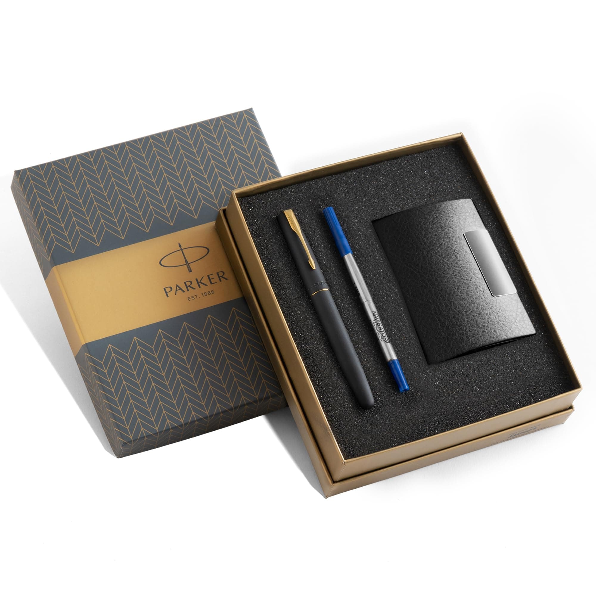 Parker Gift Set Frontier Matte Black Gold Trim Roller Ball Pen With Card Holder | 1 Pen + 1 Card Holder| Ink Color - Blue | Perfect For Employees | Unique Gifts For Entrepreneurs