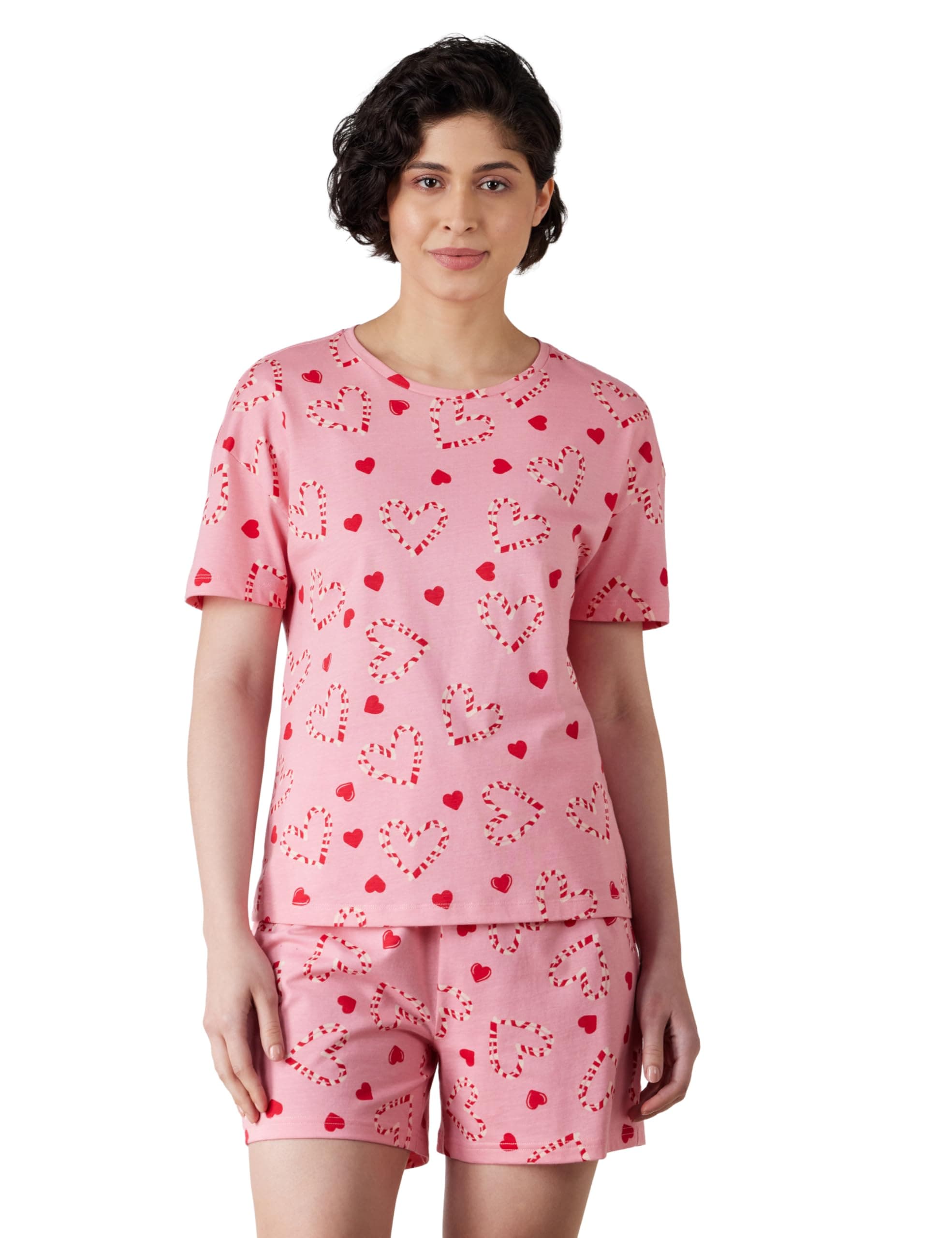Amazon Brand - Symbol Women Cotton T-Shirt and Shorts Night Suit | Two Piece Set | Regular Fit (Available in Plus Sizes)