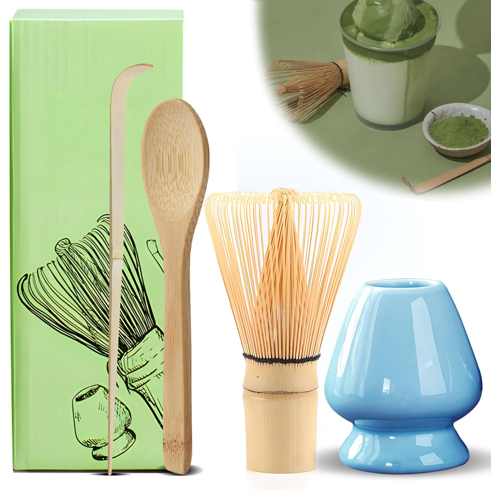 Matcha Set of 4 Matcha Broom Set, Matcha Whisk Set, with 2 Matcha Spoons, Matcha Tea Set, Ceramic Tea Brush Holder, Japanese Accessories for Matcha Ceremony, for Home, Office and Tea Room