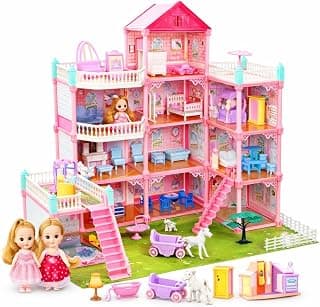 Dream Doll House Girls Toys, Doll House, 4 Story 11 Rooms Dollhouse with 2 Dolls, Dollhouse Furniture Accessories, Toddler Playhouse Gift for 3 4 5 6 7 8 9 10 Year Old Girls Toys, Multicolor