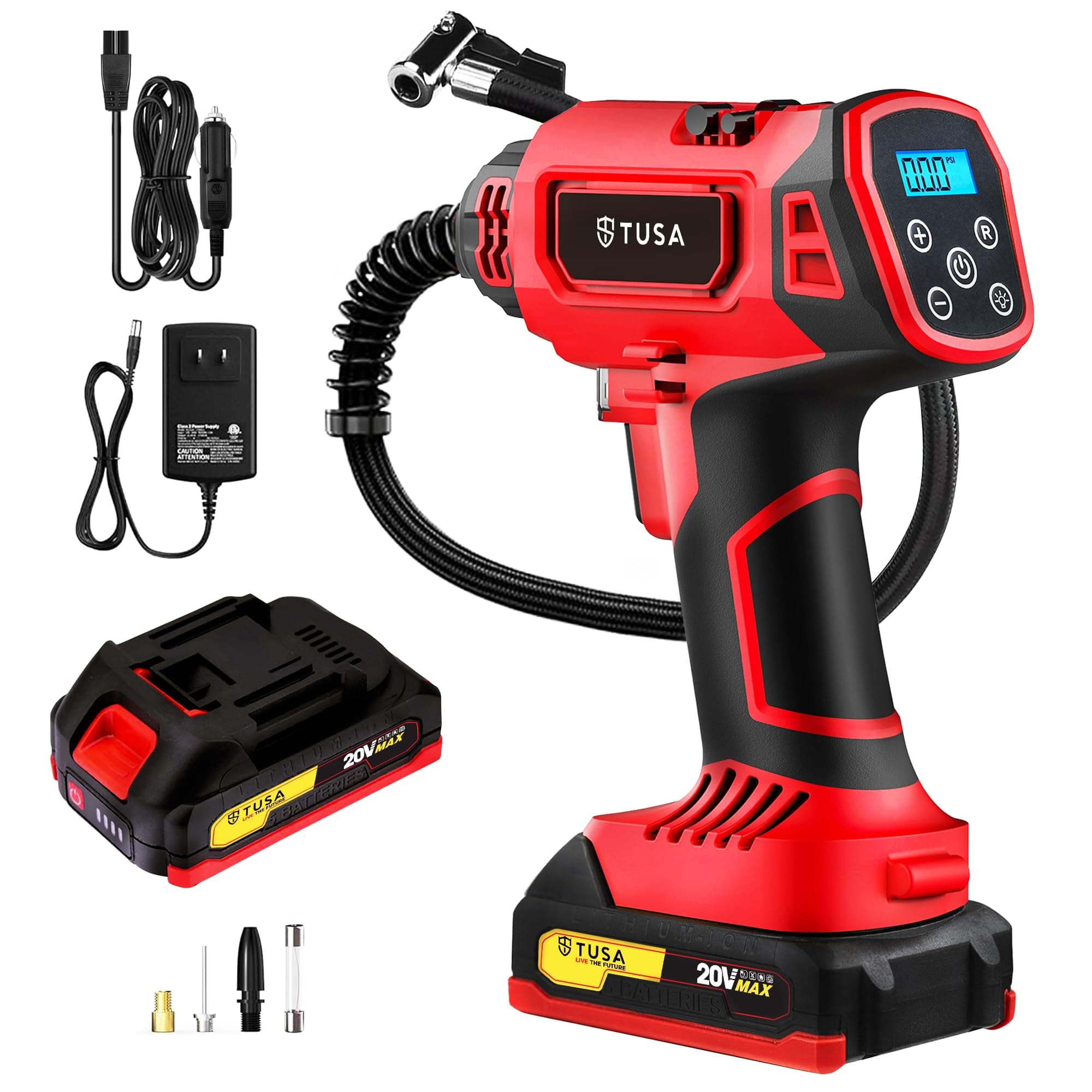 TUSA Cordless Tyre Inflator for Cars & Bikes - 2X Faster Inflation | 30 Minutes Continuous use with Removable 20V Battery | 12V DC for Non Stop Working | 150PSI Air Compressor for Car & Home