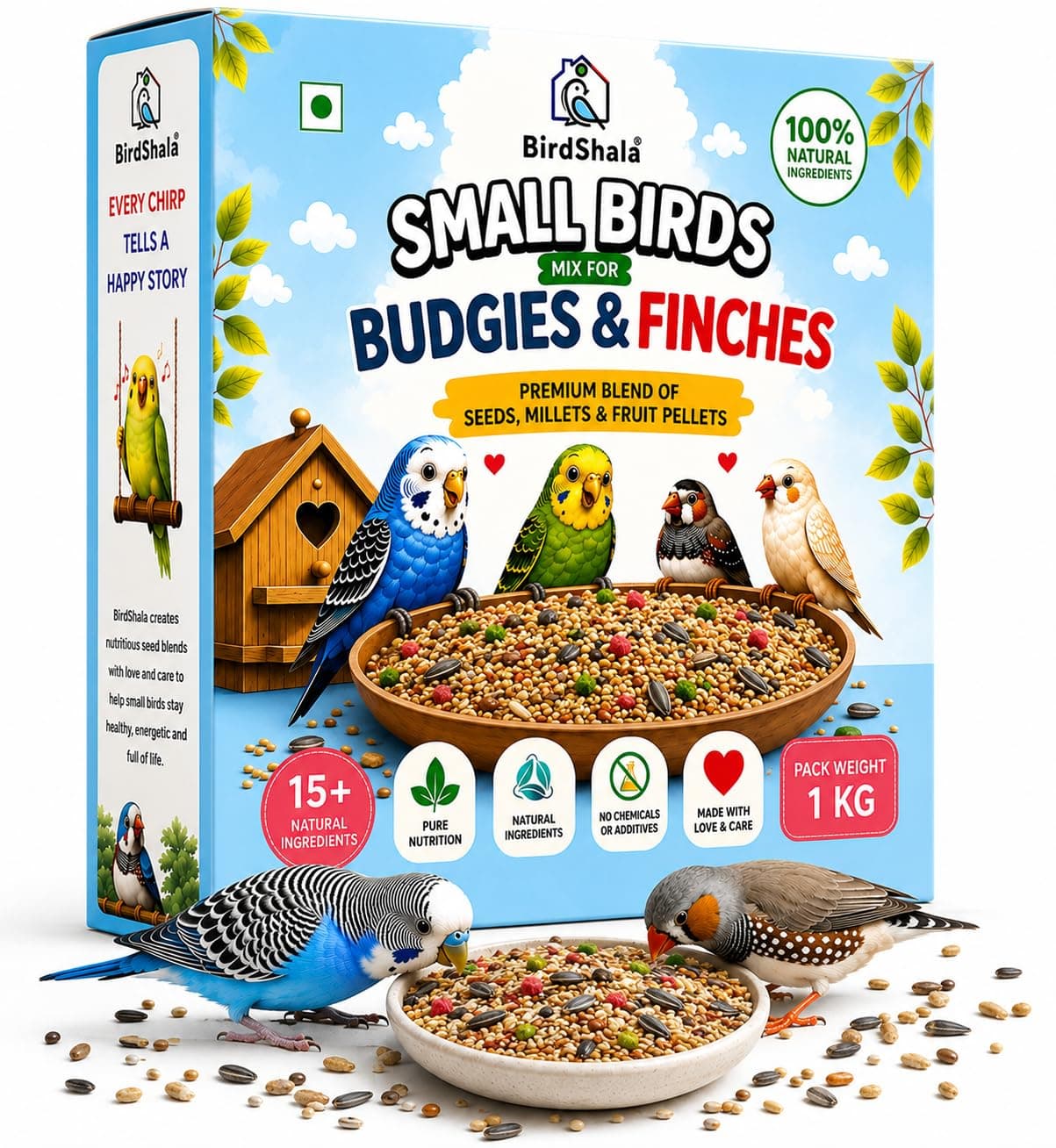 Bird Food for Budgies & Finches 1 Kg. | Premium Seed Blend of Grains, Millets & Fruit Pellet