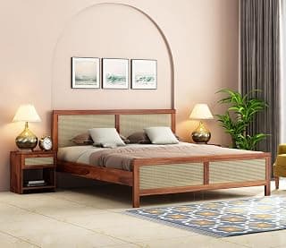 Wooden Queen Size Bed Without Storage - Solid Wood Queen Cot - 12 Month Warranty - Stylish Bedroom Furniture(Queen, Aelina, Honey Finish)