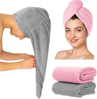 2 Pcs Microfiber Hair Towel Wrap for Women Super Absorbent Head Towel Wrap for Ladies Hair Turban Quick Drying Microfiber Towel for Hair Salon Quality Hair Dry Cap 500 GSM (pack of 2) (Grey & Pink)