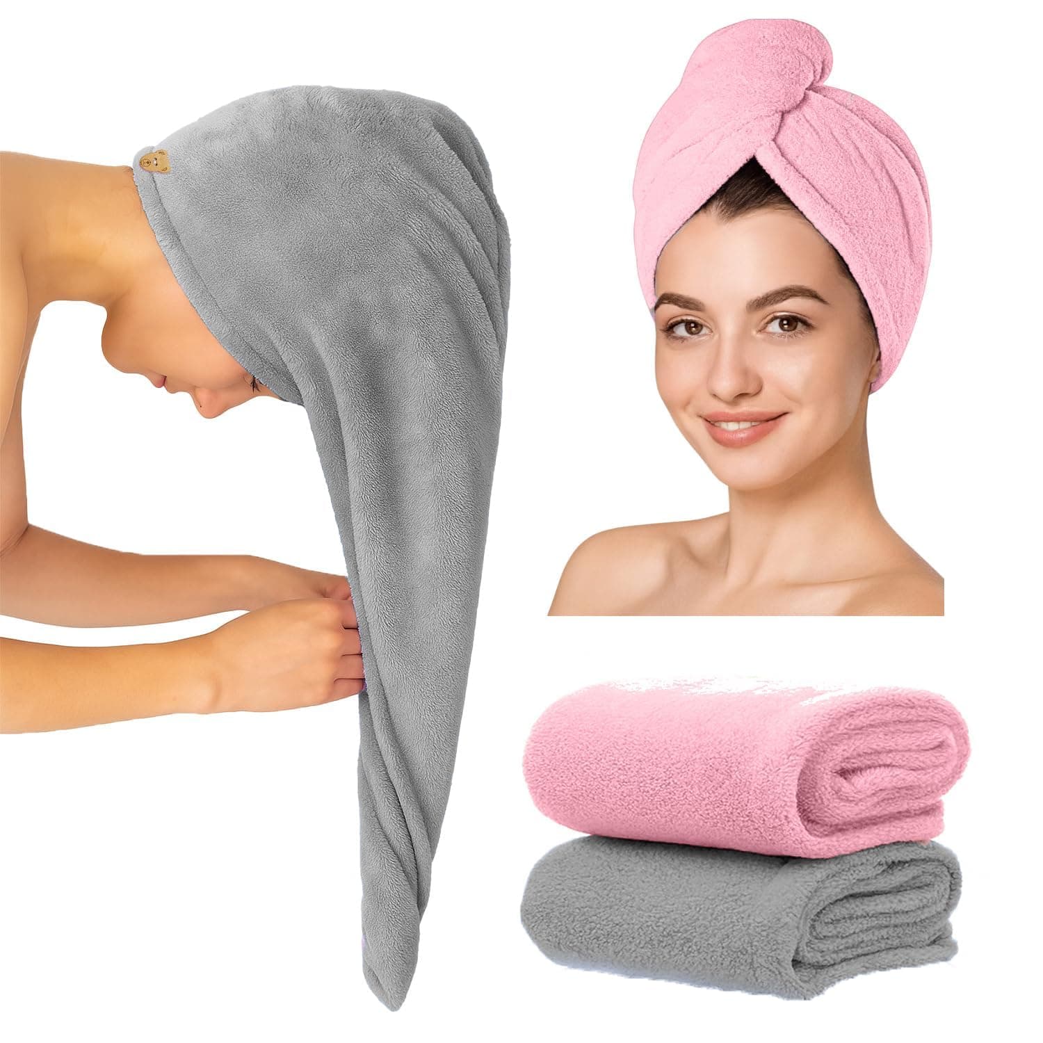 2 Pcs Microfiber Hair Towel Wrap for Women Super Absorbent Head Towel Wrap for Ladies Hair Turban Quick Drying Microfiber Towel for Hair Salon Quality Hair Dry Cap 500 GSM (pack of 2) (Grey & Pink)