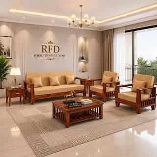 Sheesham Wooden 5 Seater Sofa Set For Living Room | Rosewood Cushion Sofa With Side Newspaper Holder For Home & Office | Lounge (Honey, 3+1+1 Seater)