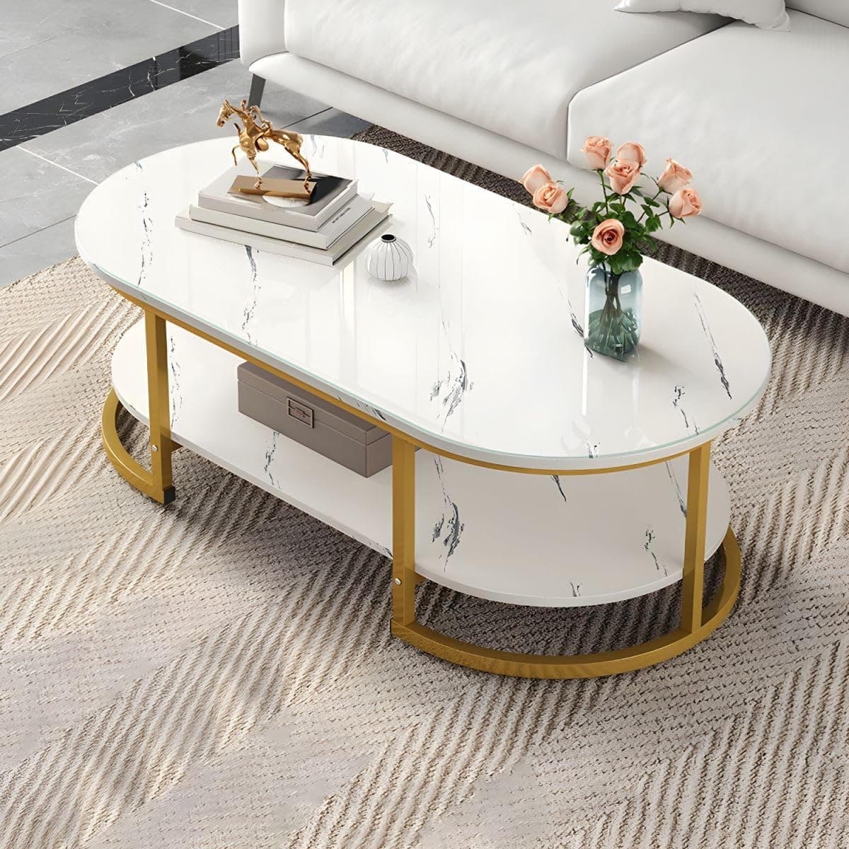 NEST NATURE HAVEN Coffee Table for Office, Dining, or Tea Room, Center Table for Living Room, Contemporary Simple Coffee Cocktail Table with Marble Desktop and Gold Metal Frame-White Gold