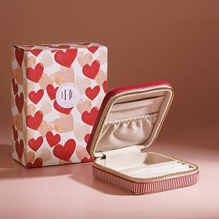PURE HOME + LIVING Pink Heart Print Faux Leather Travel Jewellery Box, Elegant & Durable Organizer for Rings, Earrings & Accessories, Stylish Decorative Accent for Home, Bedroom & Travel (Pack of 1)