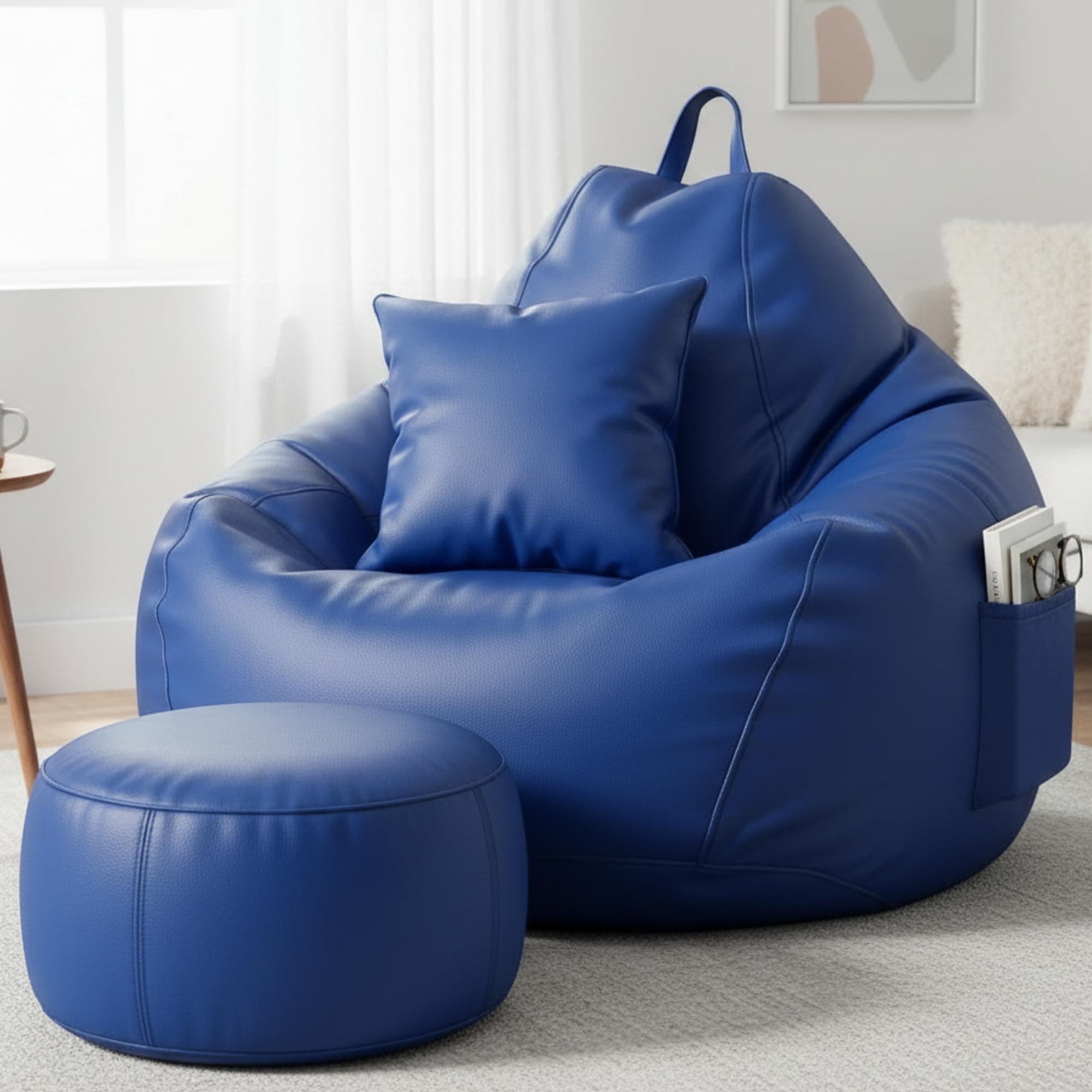 KAM'S LIEU 6XL Luxury Faux Leather Bean Bag with Footrest & Cushion | Pre-Filled High-Density Polystyrene Beans | Premium Leatherette |Teardrop Handle Design | 6 Months Warranty Color- Royal Blue