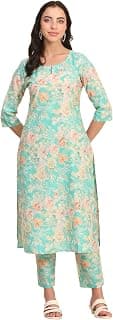 Aurelia Women's Green Geometric Printed Yarn Dyed Straight Kurta, Trousers and Dupatta Set