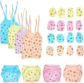 Bigbought New Born Baby Care Cloth Set Combo (Pack Of 16, Jhabla, Nappy, Mittens And Booties, Hosiery Material, Random Printed (Multicolor) (Assorted), Medium
