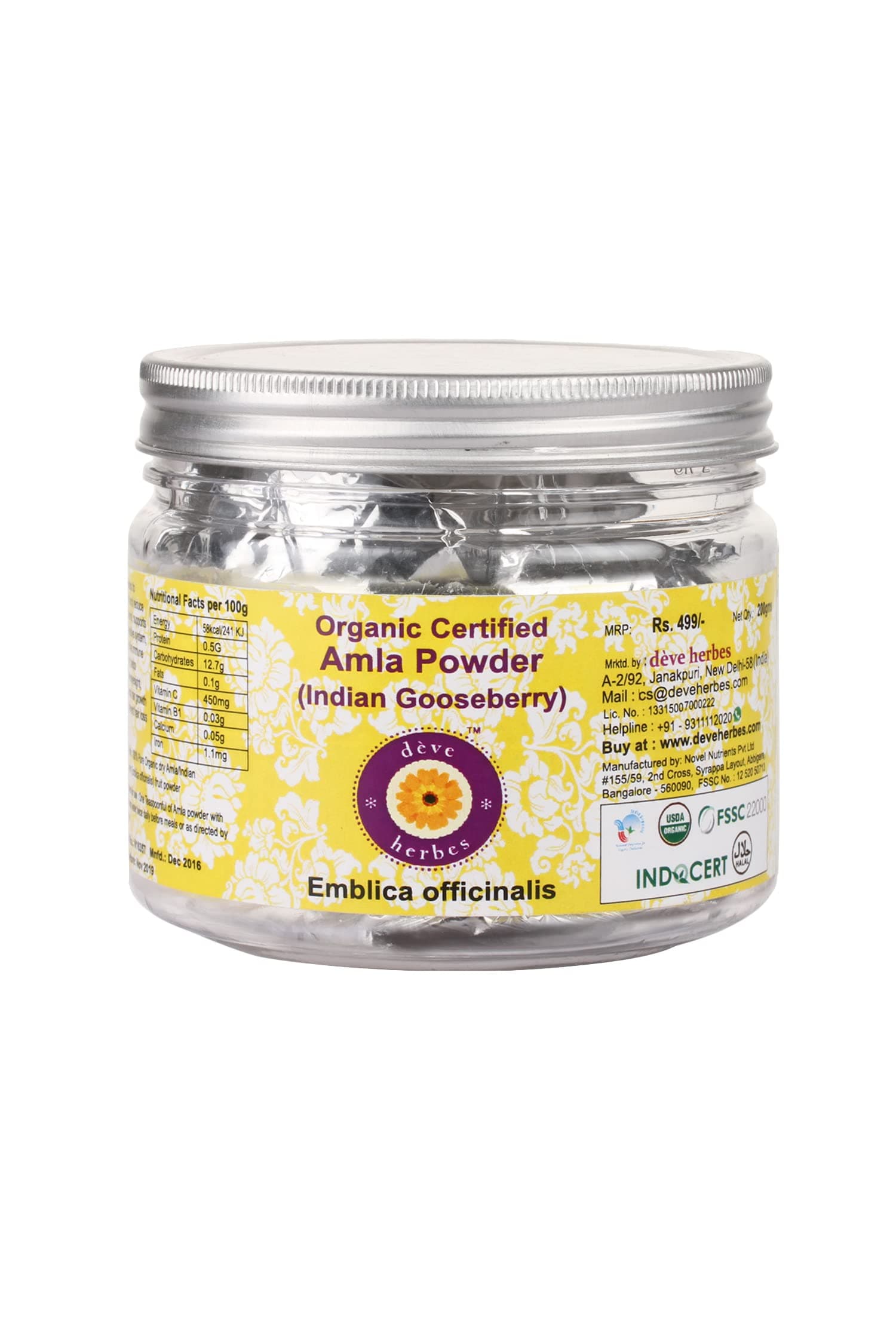 Deve Herbes Pure Amla Powder (Indian gooseberry) Emblica officinalis Organic Certified Natural Therapeutic Grade 100gm (3.5 oz)