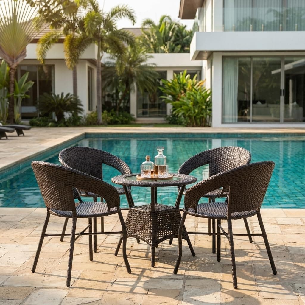 LOCCUS 5-Piece Outdoor Rattan Wicker Patio Bistro Set for Garden, Backyard, Balcony, Porch, Poolside Furniture with Dark Brown All-Weather Wicker and Glass Top Table (Dark Brown)