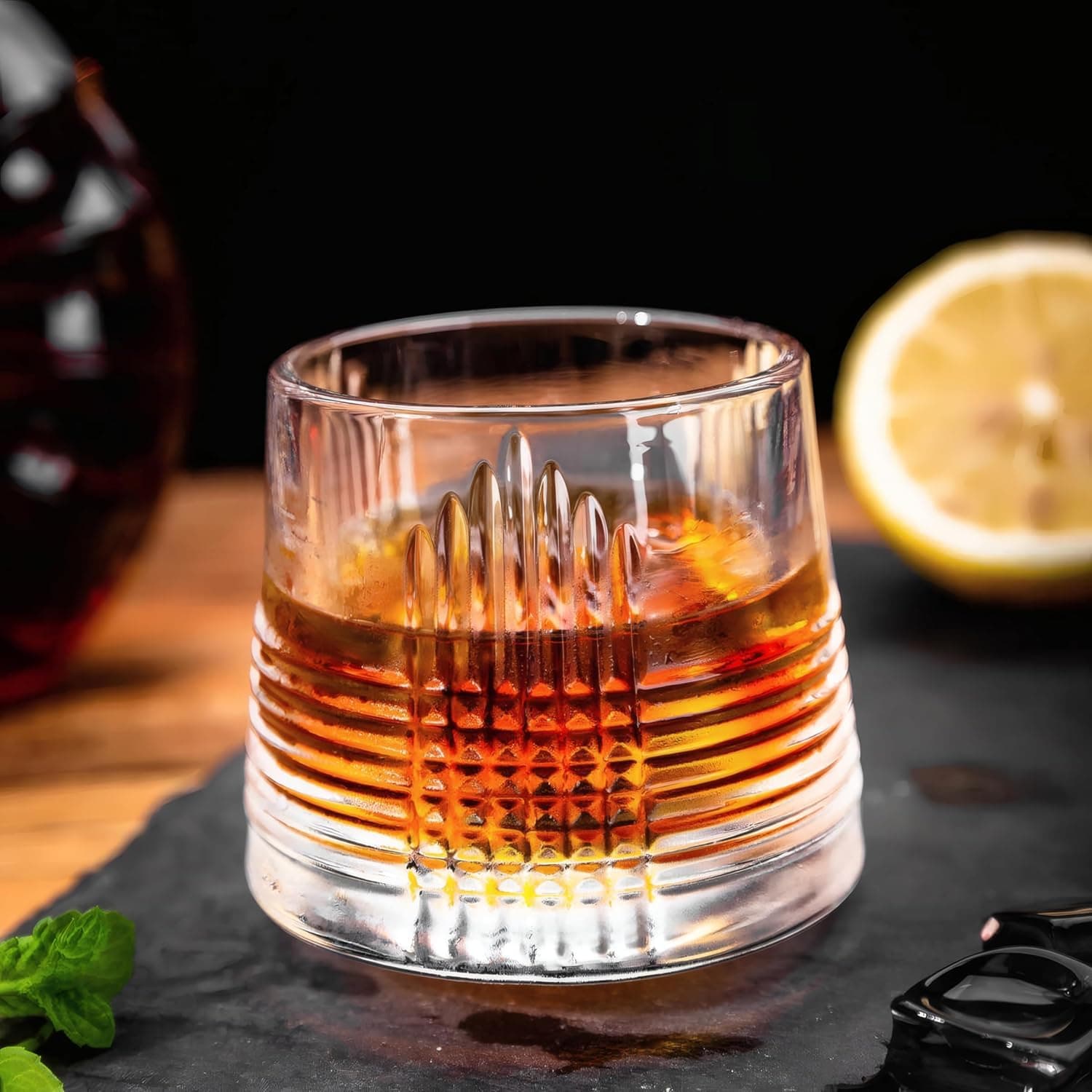 ANKUL Premium Rotating Whisky Glass Set of 2 (170ML) – Stylish Wobble Tumbler for Bar & Home Use (2, Spining Plus)(No Wooden Coaster)