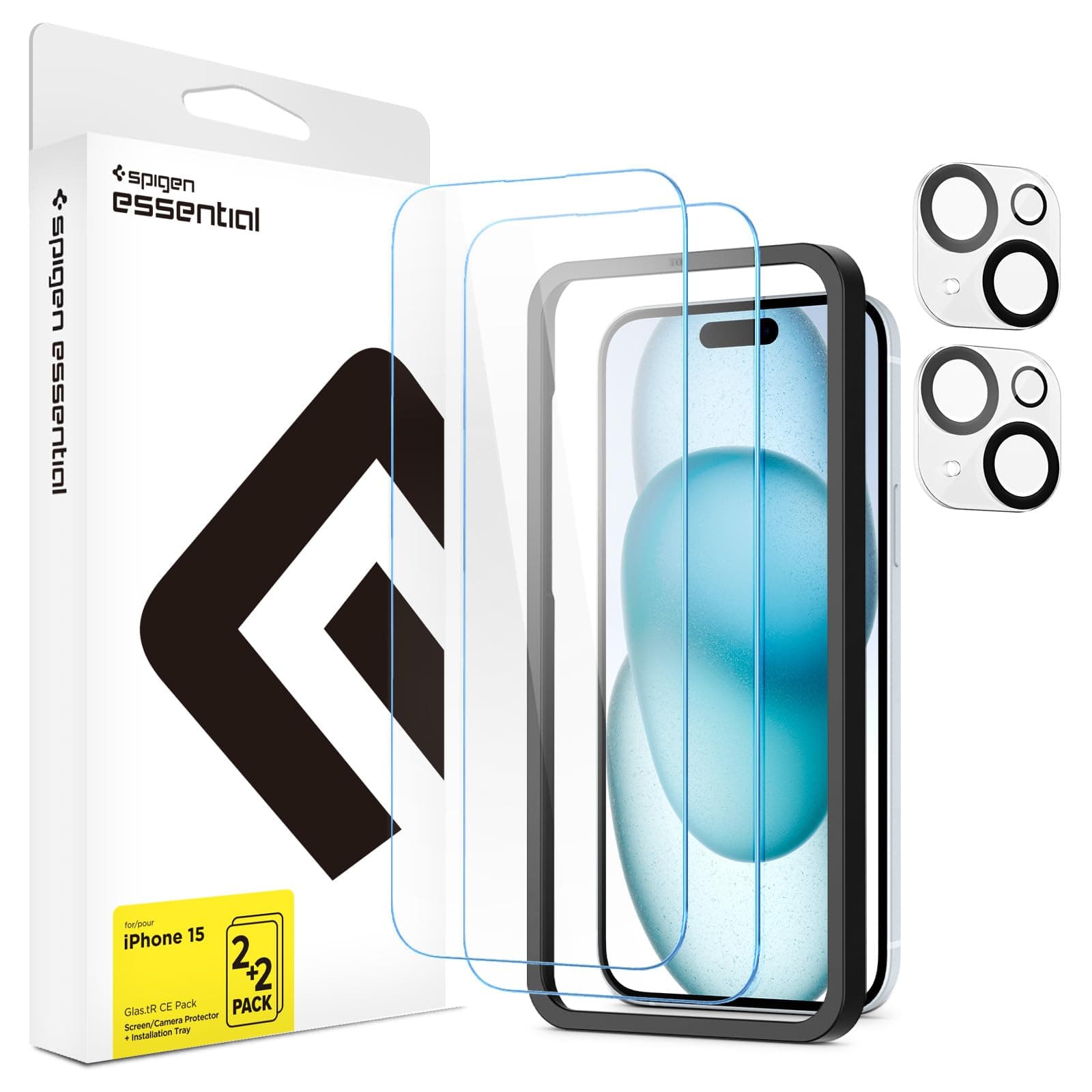 Spigen Essential Glas.tR CE Pack Tempered Glass Screen Guard for iPhone 15 [Glass 2 Pack + Camera Lens Protector 2P + Alignment Tool]
