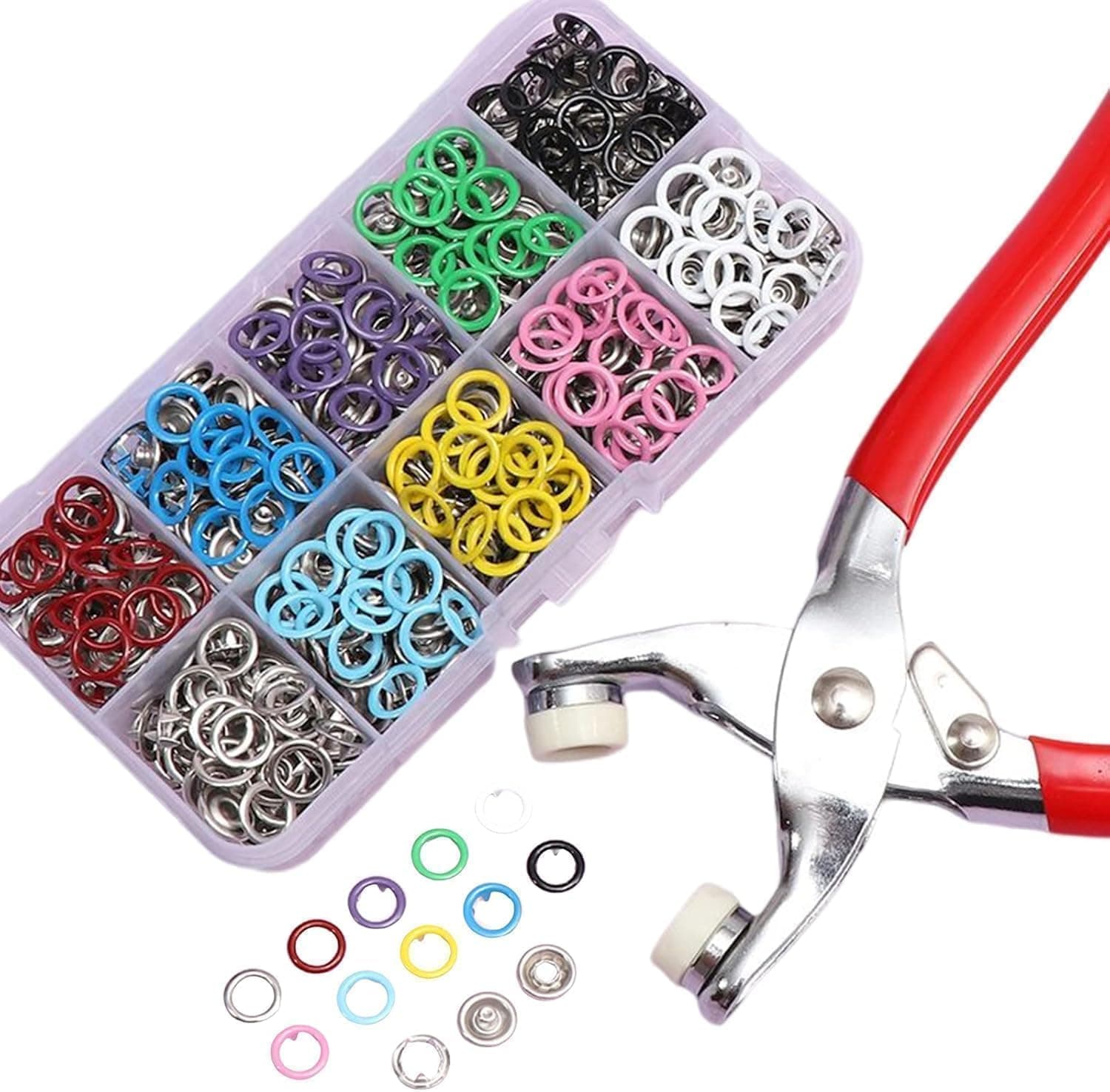 Press Stud Button Kit with Pliers, 100 Sets Metal Snap Fasteners in Storage Box for Clothing Repair, Leather Work, Bags and DIY Crafts (Multicolor)