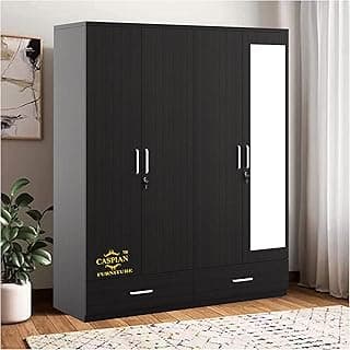 CASPIAN Engineered Wood 4 Door Wardrobe (Coffee Black) | Furniture with Dressing Mirror | Cupboard/Almirah for Bedroom Clothes Storage Organizer | with Locker, 3 Drawers & 6 Shelves