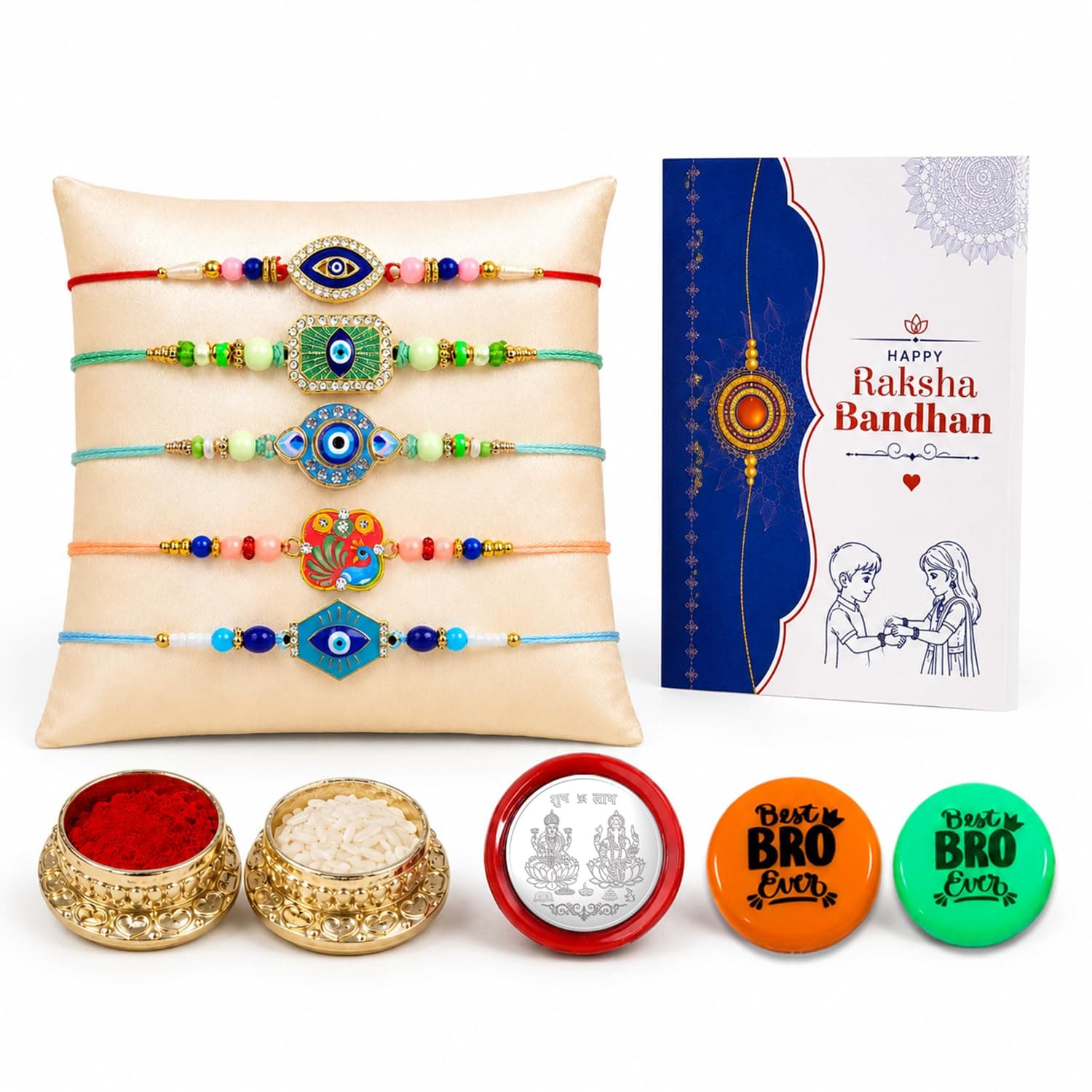 Oblivion Rakhi Set for Brother (Set of 5) – Designer Stylish Colorful Rakhi Combo with Silver Color Pooja Coin, Roli Chawal, Multicolour Magnets & Greeting Card – Raksha Bandhan Gift Hamper for Bhai