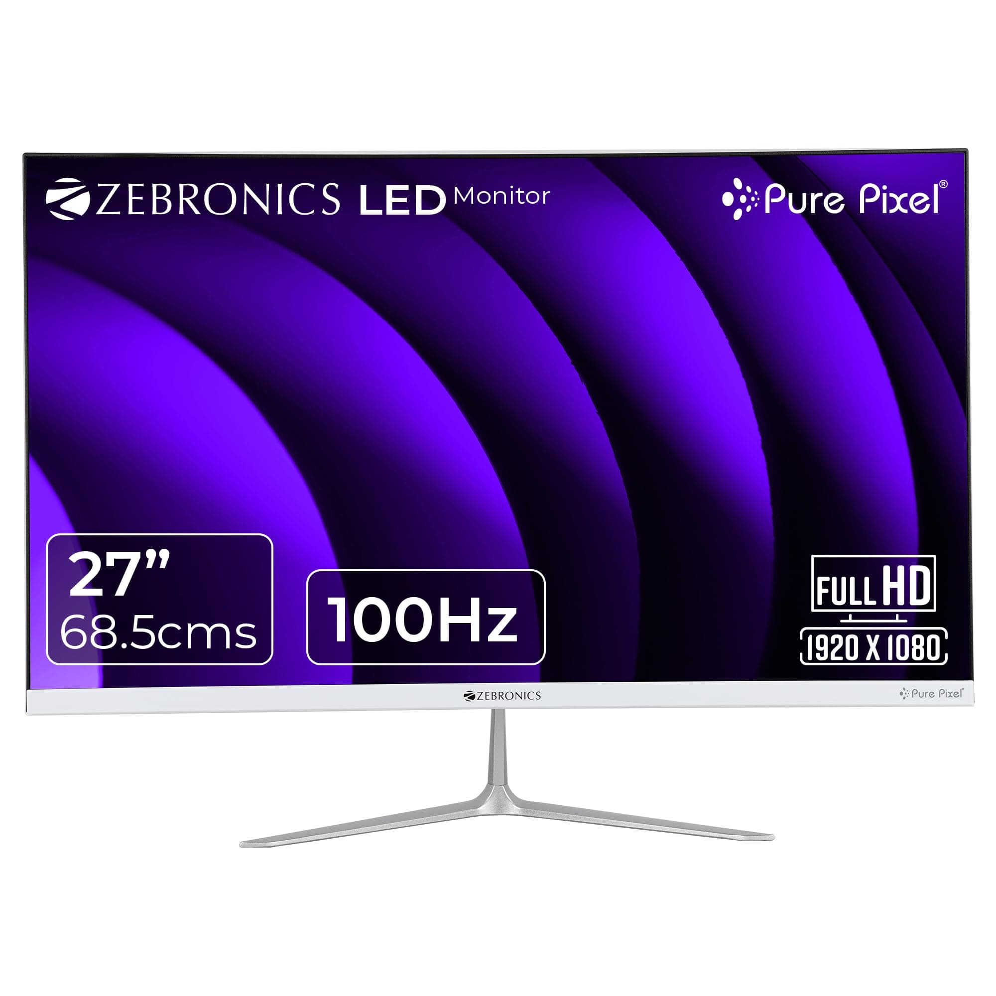 ZEBRONICS 27” (68.5 cm) Bezel-Less LED Monitor, 100Hz Refresh Rate, IPS Display, HDMI, VGA, FHD 1920x1080, 250nits, Built-in Speaker, 16:9 Aspect Ratio, Anti-Glare Screen, 16.7M Colors (SA127, White)