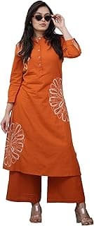 GoSriKi Cotton Blend Embroidered A-Line Kurta with Palazzo for Women | Cotton Blend Orange | 3/4 Sleeve | Mandarin Collar | Ethnic Wear Casual Wear