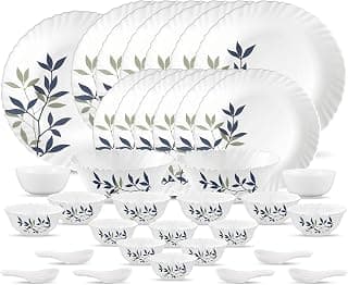 La Opala Novo Collection Opal Glass Crockery | for Family of 6 | Dinner Set 35 pcs Silken Charm | Plates & Bowls for Dining | Microwave Safe | 100% Vegetarian | Extra Strong | Light & White