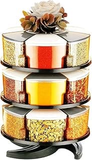 Darkpyro 360° Spice Rack Set of 18 Pieces 3 Layer Spice Set | Masala Box | Masala Container | 300 ml Plastic Grocery Container | Grey - White Combination, Tiered Shelf