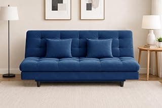 Modern Velvet Three-Seater Futon Sofa Bed – Tufted Sleeper Couch with Adjustable Backrest– Mid-Century Living Room Furniture-Blue