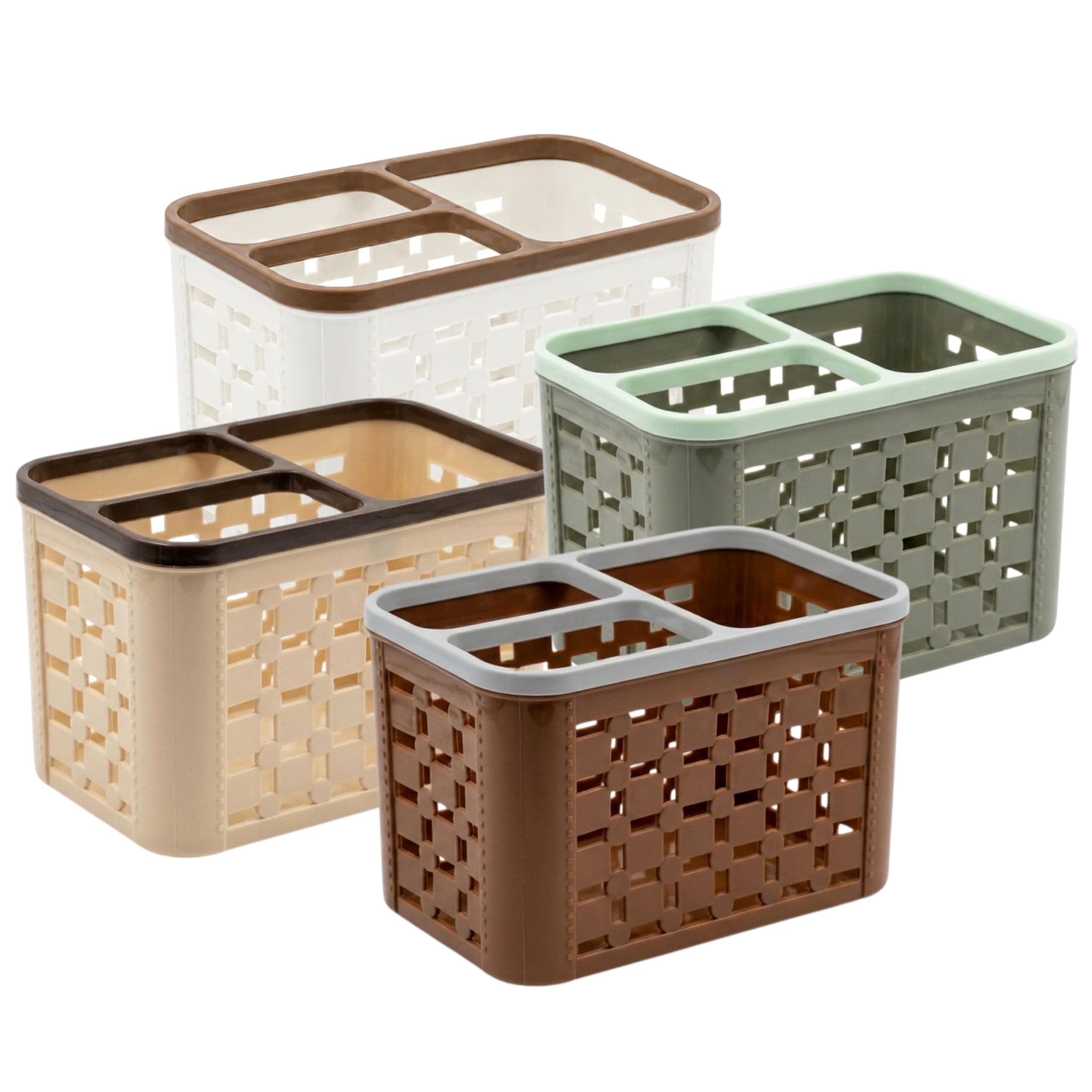 VRISTO Pack of 1 Plastic Cutlery Holder & Kitchen Utensil Organizer Caddy | 3-Slot Drying Rack & Countertop Storage Bin | Decorative Mesh Design for Flatware, Spoons, Knives & Office Supplies