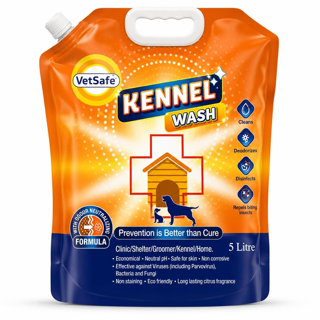 VetSafe Kennel Wash 5 litre (5L) | Concentrated Kennel Cleaner & Pet Floor Cleaner | Odour Neutralizer & Pet Area Freshener | Safe for Dogs & Cats | Kennel, Cage, Floor & Pet Area Sanitizer