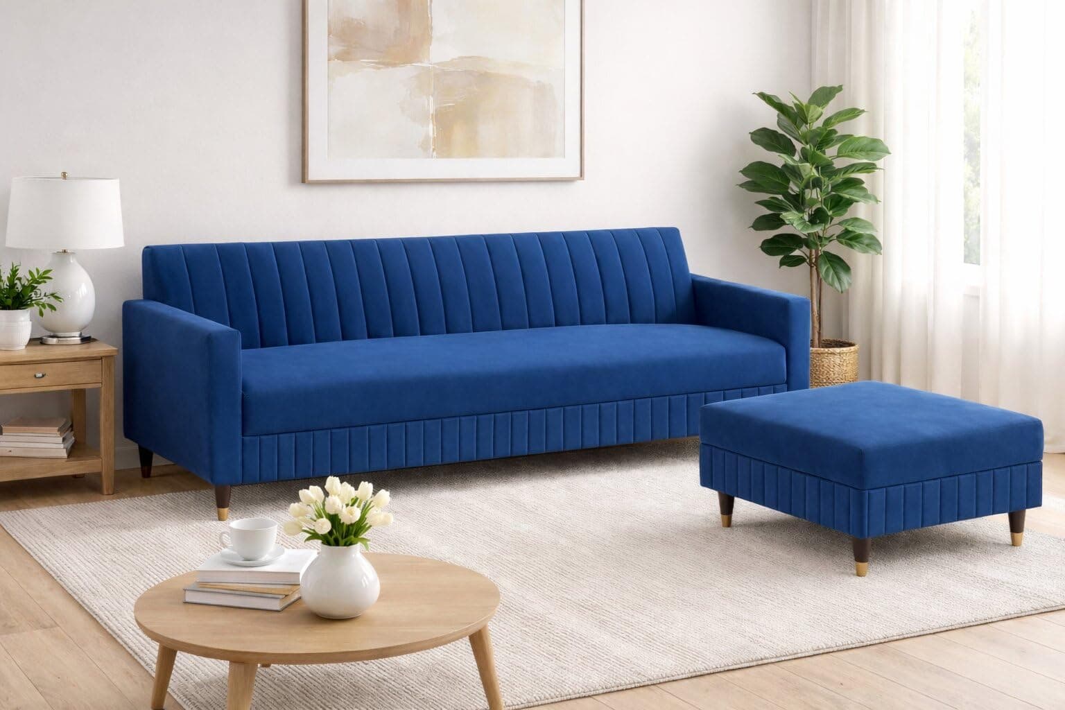 VANSH FURNITURE Wooden L Shape Sofa 4 Seater with Ottoman | Velvet Fabric Upholstery | Modern Sectional Wooden Frame Couch for Living Room, Home & Office (Blue)