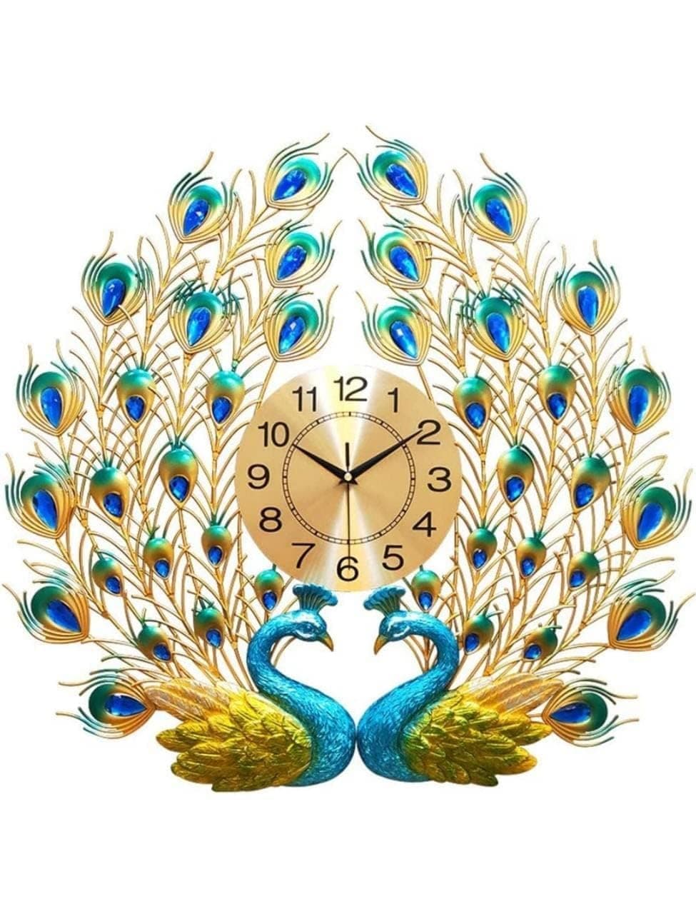 R RUNILEX European Style Luxury Large 2 Head Peacock Analog Clock 3D Diamonds Non-Ticking Silent Creative Personality Metal Art Wall Decorative Clock (2 Head Peacock Clock)