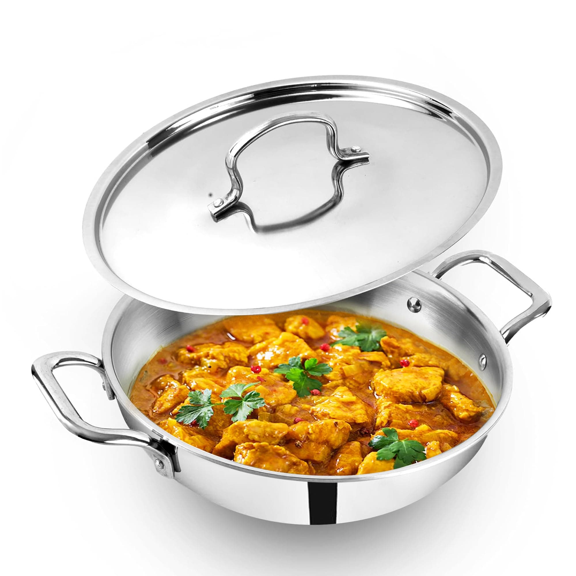 The Indus Valley Triply Stainless Steel Kadai/Kadhai with Steel Lid | Large, 28cm/11 inch, 3.9Ltr, 2.2kg | Induction Friendly | Nonstick 3-Layer Body, 100% Toxin-Free, No Chemical Coating