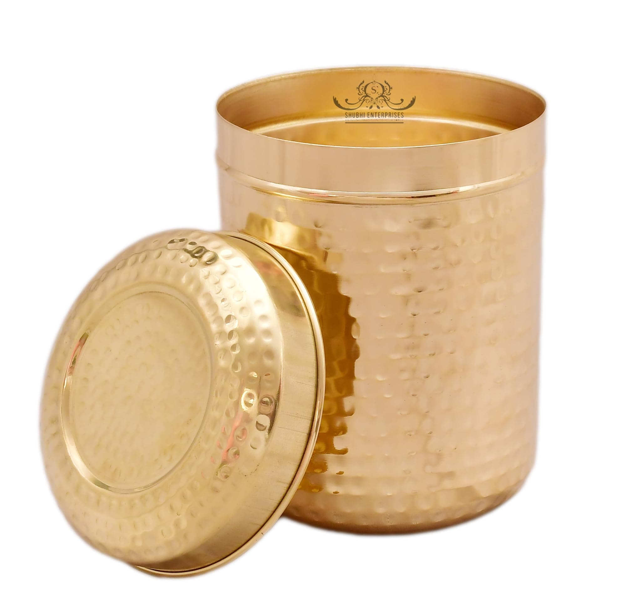 SHUBHI ENTERPRISES Pure Brass Storage Container 2500 ML | Handmade Hammered Brass Canister with Lid | Traditional Indian Spice Box | Multipurpose Kitchen Storage & Home Decor