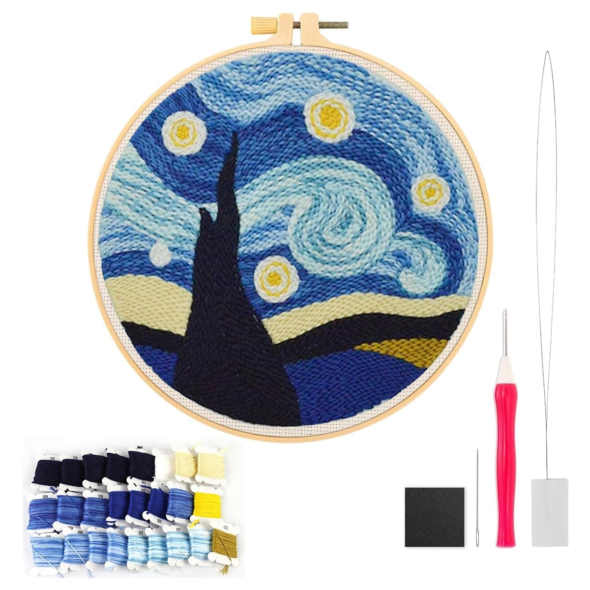 PATPAT® DIY Punch Needle Art Kit Beginners DIY Starry Night Punch Needle Art with Embroidery Punch Needles, Tutorial, 20x20cm Embroidery Hoop, DIY Art Gift for Kids Adults Children's Day Art Gift