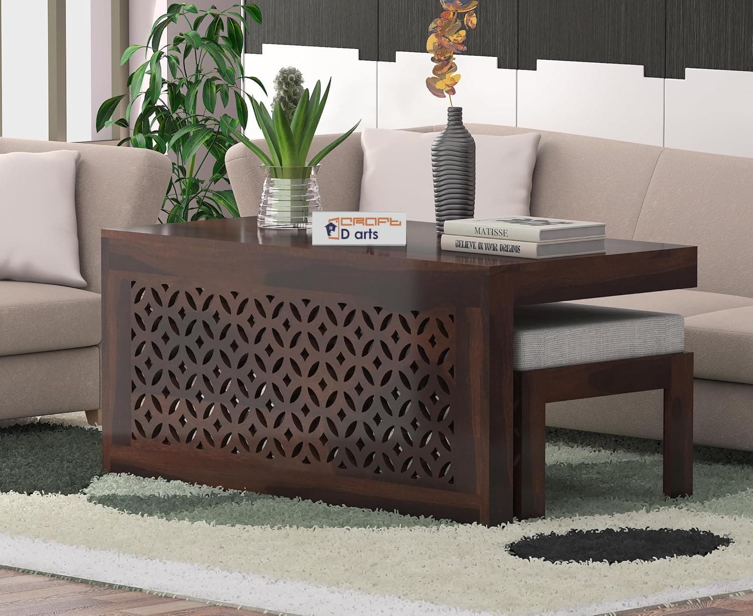 Modern Wooden Coffee Table with 2 Cushioned Stools | Space Saving Center Teapoy Table for Living Room | Solid Wood Tea Table with Nested Seating for Home, Office & Lounge Decor | Rosewood, Walnut