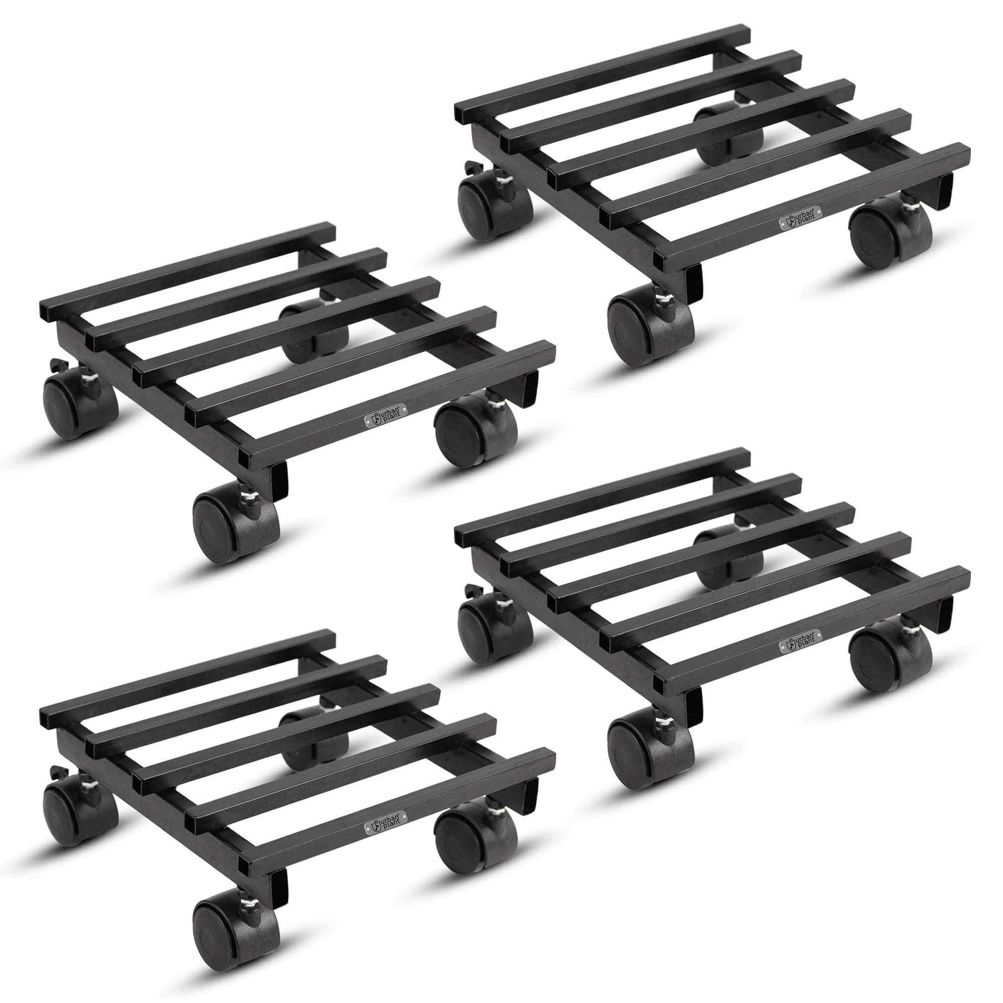 Urban Plant Heavy Duty Plant Stand with Wheels | Wheel Pot Trolley for Balcony, Indoor & Outdoor | Rust-Proof Metal Gamla Stand (Black Square Caddy - Pack of 4)