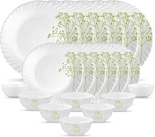 La Opala Novo Collection Opal Glass Crockery | for Family of 6 | Dinner Set 20 pcs Blissful Green | Plates & Bowls for Dining | Microwave Safe | 100% Vegetarian | Extra Strong | Light & White
