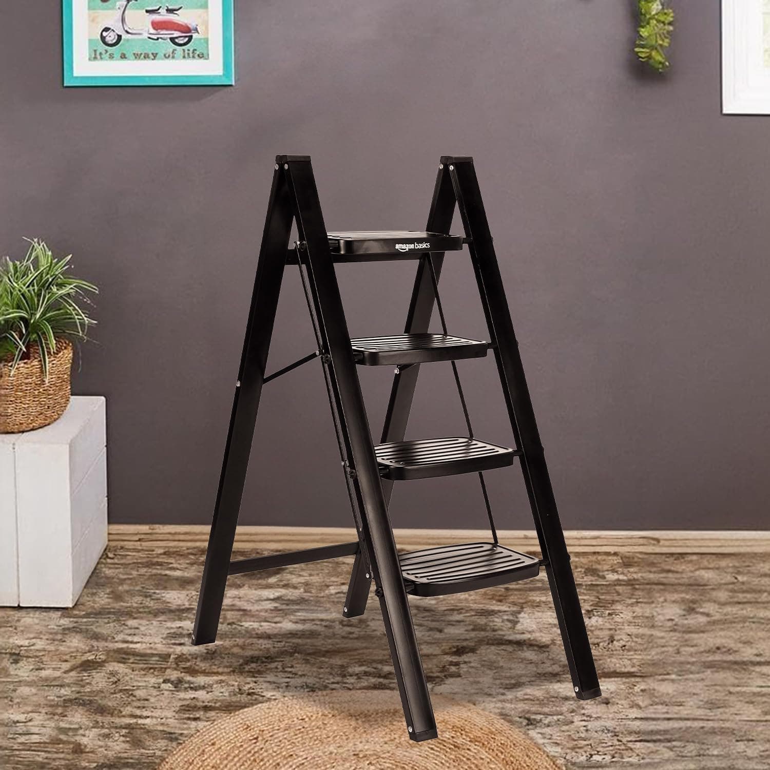 Amazon Basics Clamber Max - Non-Trip and Flat-Foldable Step Ladder, with Anti-Skid Steel Steps, 4 Steps (Steel, Matte Black)