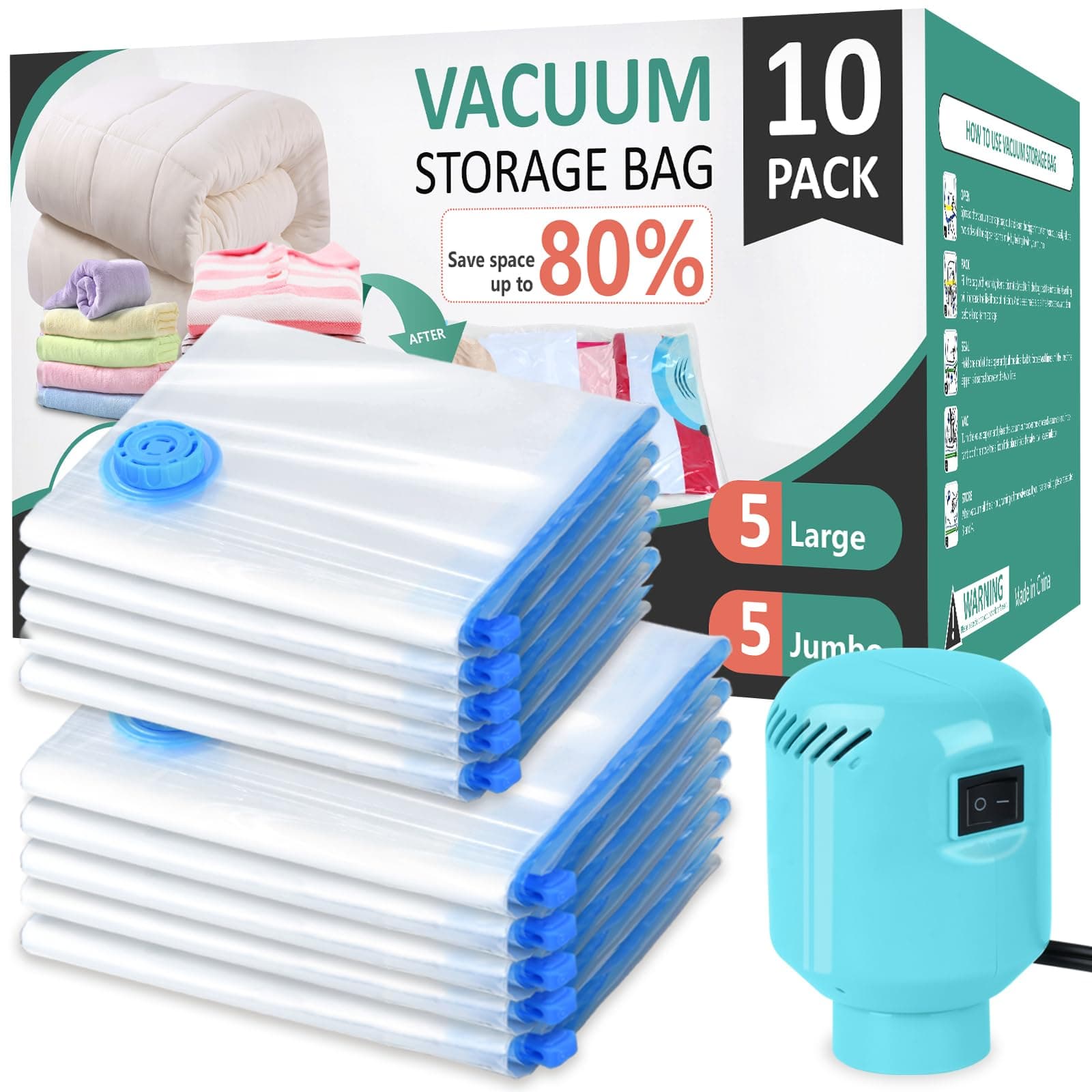 Vacuum Storage Bags,10 Pack Space Saver Bags(5 Jumbo/5 Large),Vacuum Seal Bags with Electric Pump,Compression for Comforters, Blankets, Bedding, Clothes, Duvets, Pillows - Travel Essentials