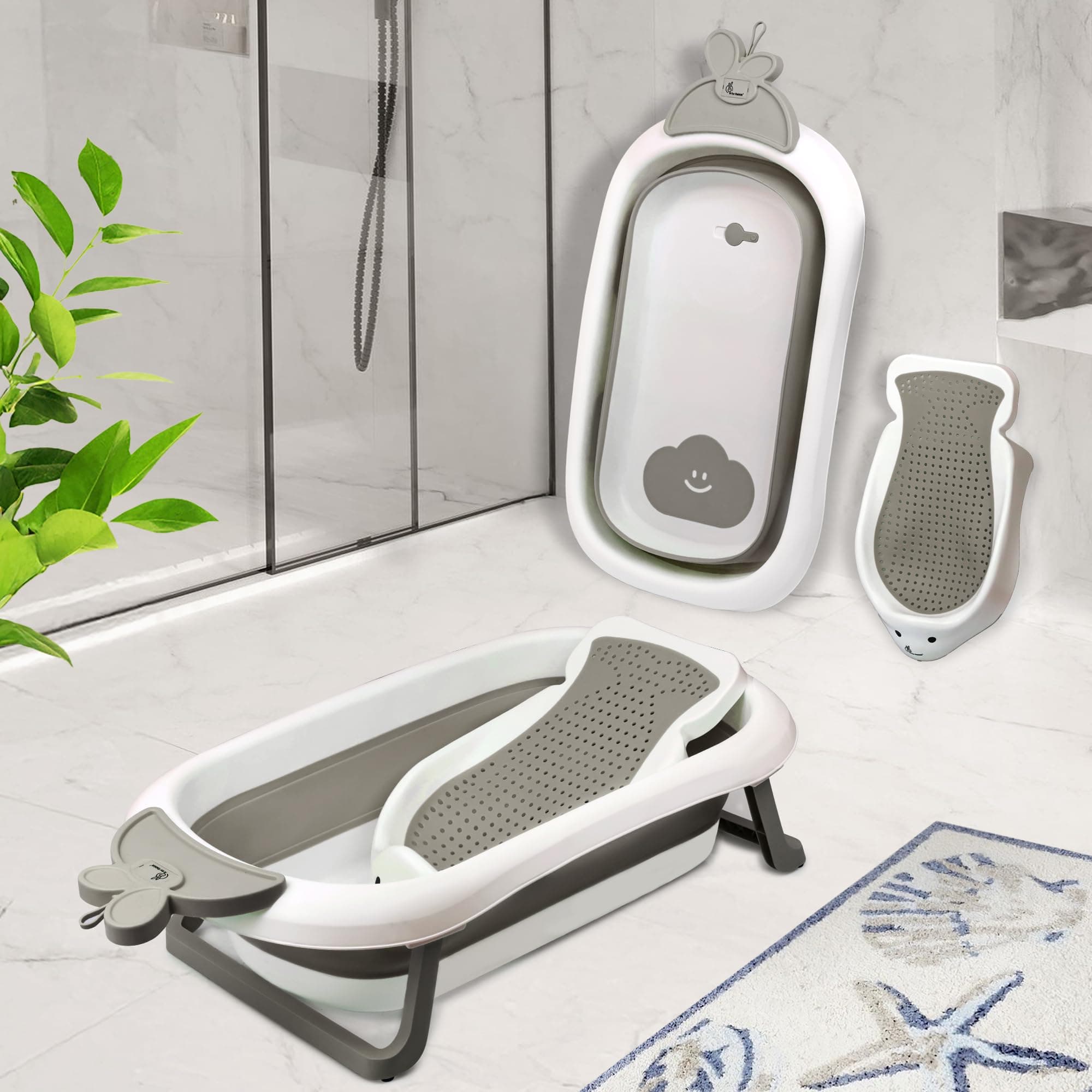 R for Rabbit Bubble Double Bunny Bath Tub Convertible Safe Ergonomic Detachable TPE Sling Foldable Travel-Friendly Weight Up to 20 kg 0-3 Years Baby Girls Boys Kids Bather Bathtub (Grey)
