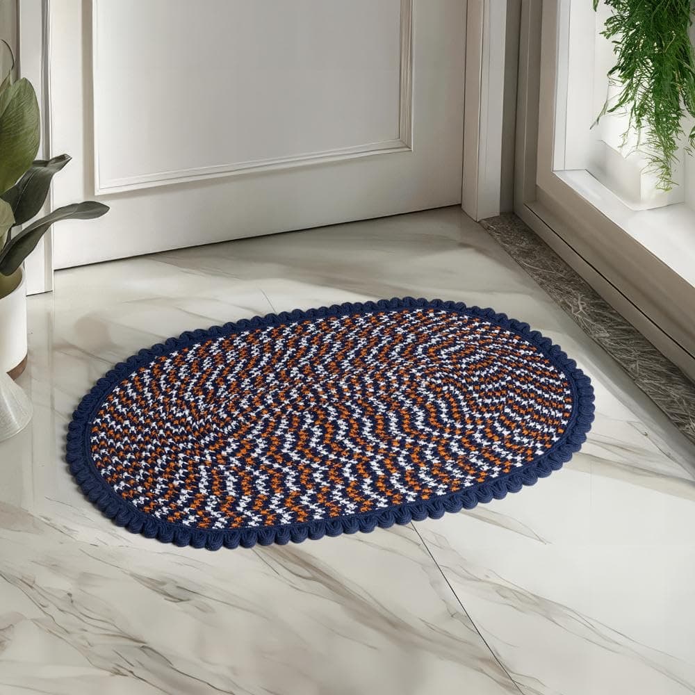 Braided Doormat | Floor Mat for Home | Weather Proof PP Yarn | Essential Small Rug for Office, Bedroom & Kitchen| Extra long Oval shape design for Indoor & Outdoor Entrances | Blue & White - 60x90 CM